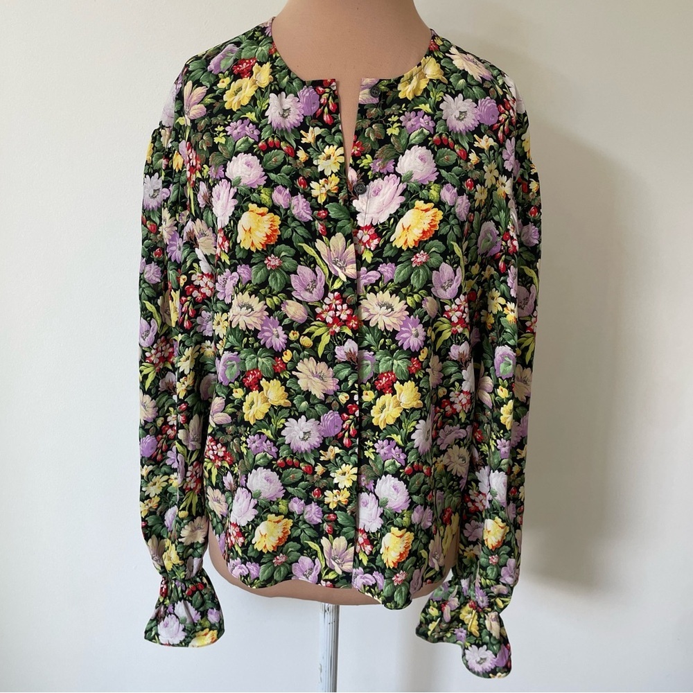 & OTHER STORIES Floral Print Dropped Shoulder Silk Hidden Button Blouse EUC Sz 6